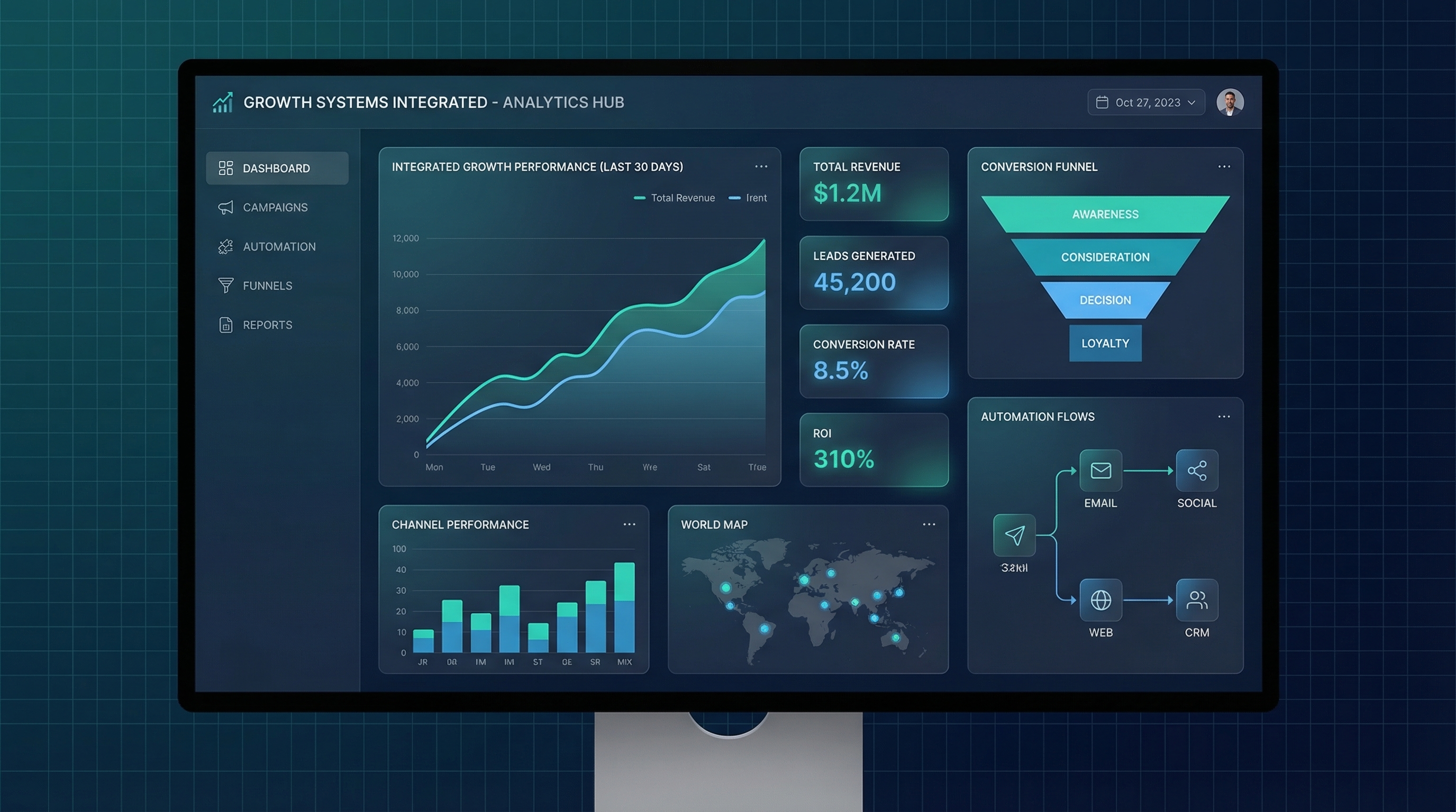 Connected growth workspace showing integrated marketing systems dashboard